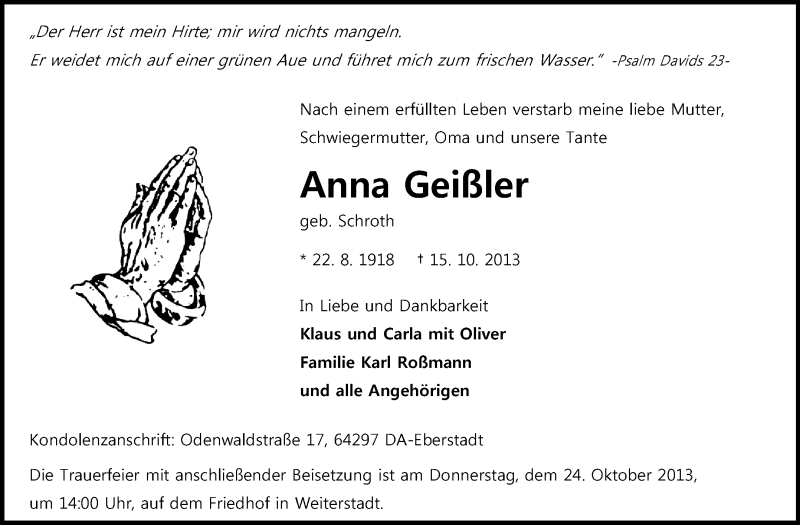  Traueranzeige für Anna Geißler vom 19.10.2013 aus Echo-Zeitungen (Gesamtausgabe)