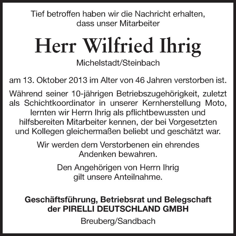  Traueranzeige für Wilfried Ihrig vom 21.10.2013 aus Odenwälder Echo