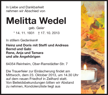 Traueranzeige von Melitta Wedel von Echo-Zeitungen (Gesamtausgabe)