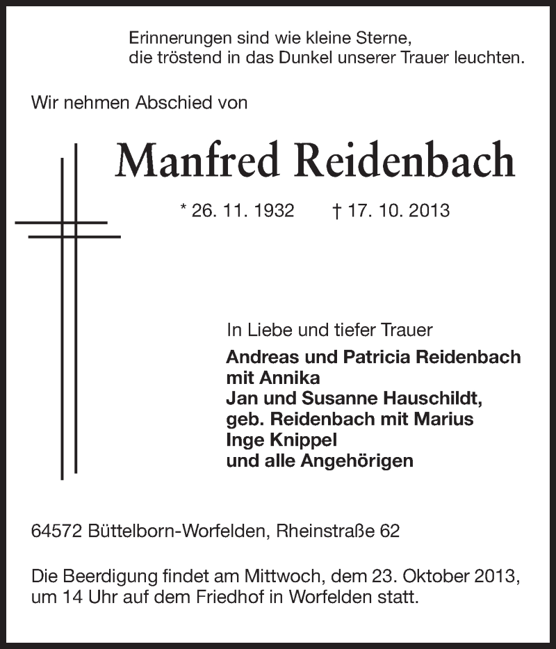  Traueranzeige für Manfred Reidenbach vom 21.10.2013 aus Rüsselsheimer Echo, Groß-Gerauer-Echo, Ried Echo