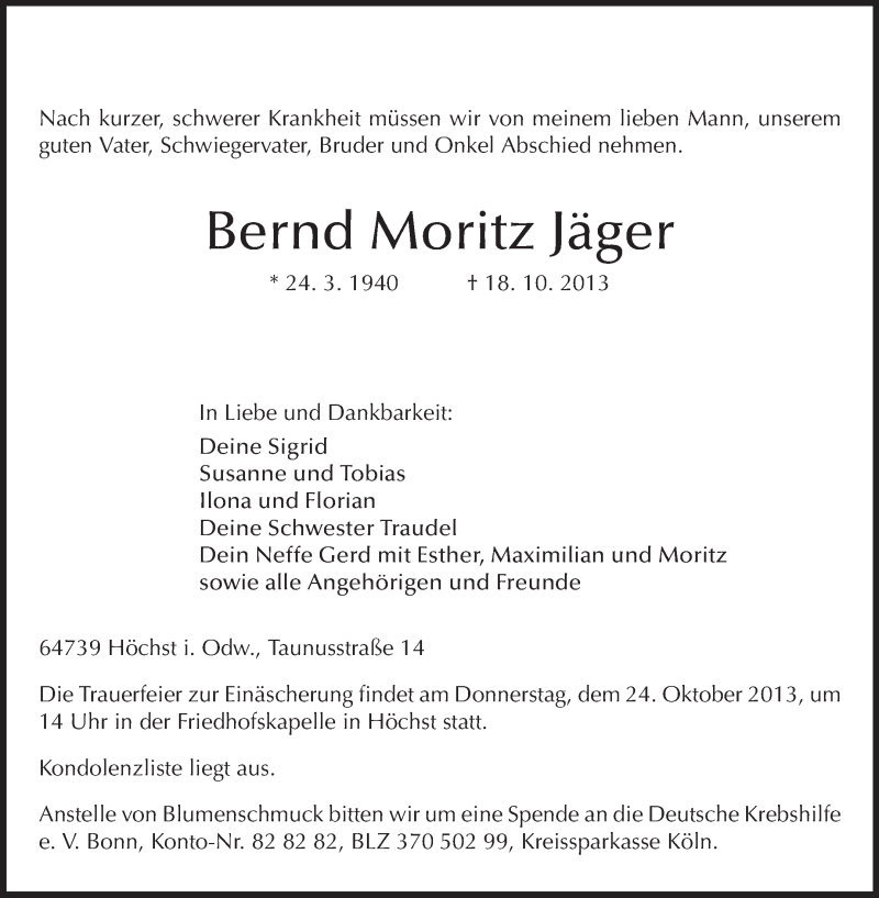  Traueranzeige für Bernd Moritz Jäger vom 22.10.2013 aus Odenwälder Echo