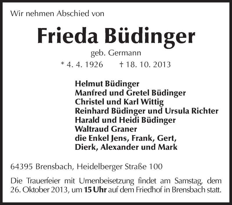  Traueranzeige für Frieda Büdinger vom 23.10.2013 aus Echo-Zeitungen (Gesamtausgabe)