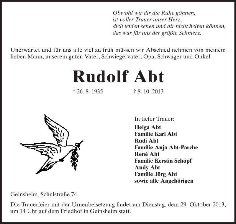  Traueranzeige für Rudolf Abt vom 25.10.2013 aus Rüsselsheimer Echo, Groß-Gerauer-Echo, Ried Echo