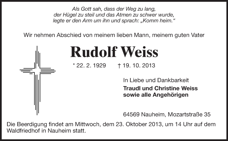  Traueranzeige für Rudolf Weiss vom 22.10.2013 aus Rüsselsheimer Echo, Groß-Gerauer-Echo, Ried Echo