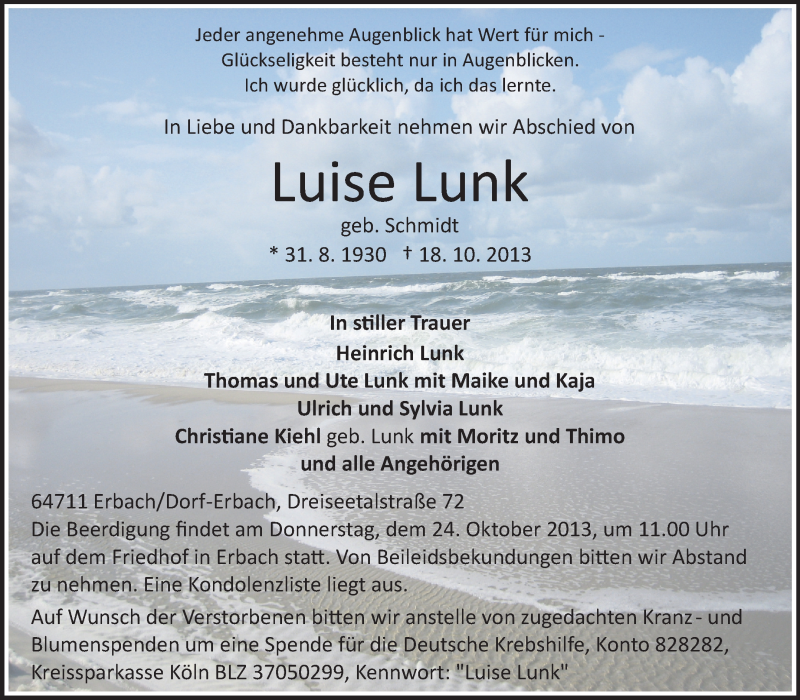  Traueranzeige für Luise Lunk vom 22.10.2013 aus Odenwälder Echo