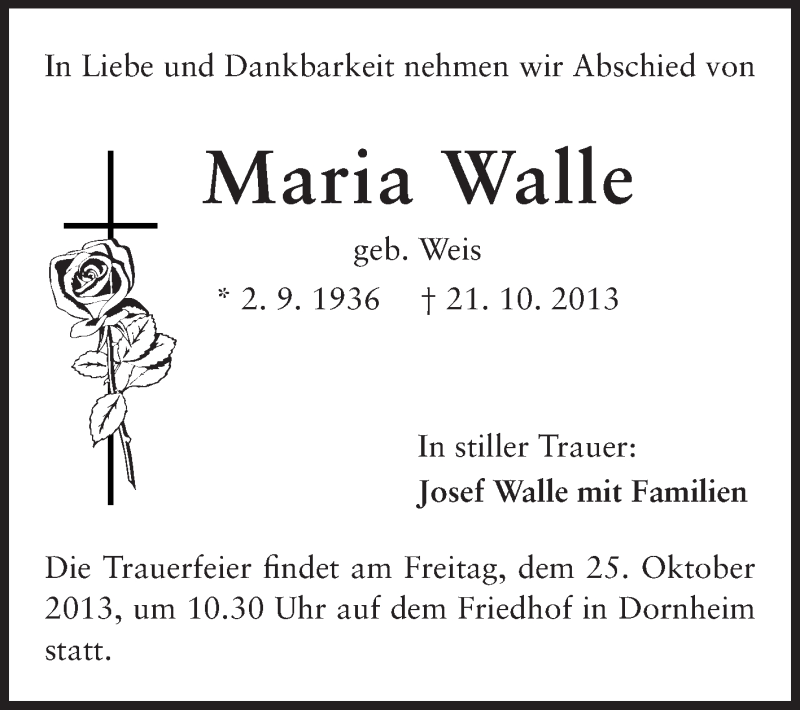  Traueranzeige für Maria Walle vom 23.10.2013 aus Rüsselsheimer Echo, Groß-Gerauer-Echo, Ried Echo