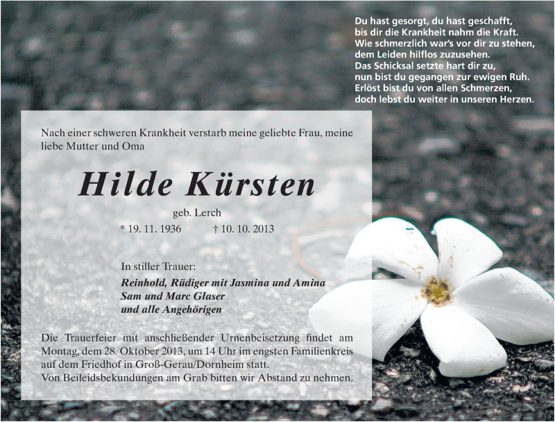 Traueranzeige für Hilde Kürsten vom 26.10.2013 aus Rüsselsheimer Echo, Groß-Gerauer-Echo, Ried Echo