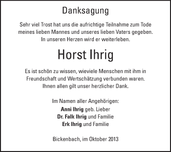 Traueranzeige von Horst Ihrig von Echo-Zeitungen (Gesamtausgabe)
