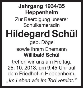 Traueranzeige von Hildegard Schül von Starkenburger Echo