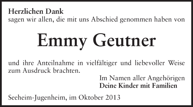  Traueranzeige für Emmy Geutner vom 26.10.2013 aus Echo-Zeitungen (Gesamtausgabe)