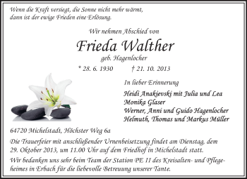 Traueranzeige von Frieda Walther von Odenwälder Echo