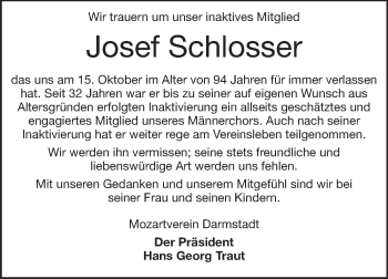 Traueranzeige von Josef Schlosser von Darmstädter Echo, Odenwälder Echo, Rüsselsheimer Echo, Groß-Gerauer-Echo, Ried Echo