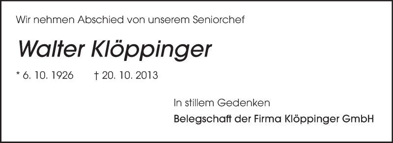  Traueranzeige für Walter Klöppinger vom 26.10.2013 aus Echo-Zeitungen (Gesamtausgabe)