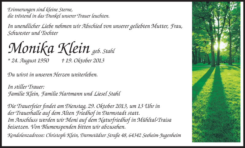  Traueranzeige für Monika Klein vom 26.10.2013 aus Echo-Zeitungen (Gesamtausgabe)