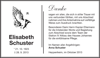 Traueranzeige von Elisabeth Schuster von Starkenburger Echo, Bergsträßer Anzeiger