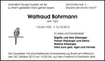 Traueranzeige von Waltraud Bohrmann von Rüsselsheimer Echo, Groß-Gerauer-Echo, Ried Echo