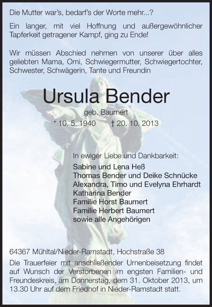  Traueranzeige für Ursula Bender vom 26.10.2013 aus Echo-Zeitungen (Gesamtausgabe)