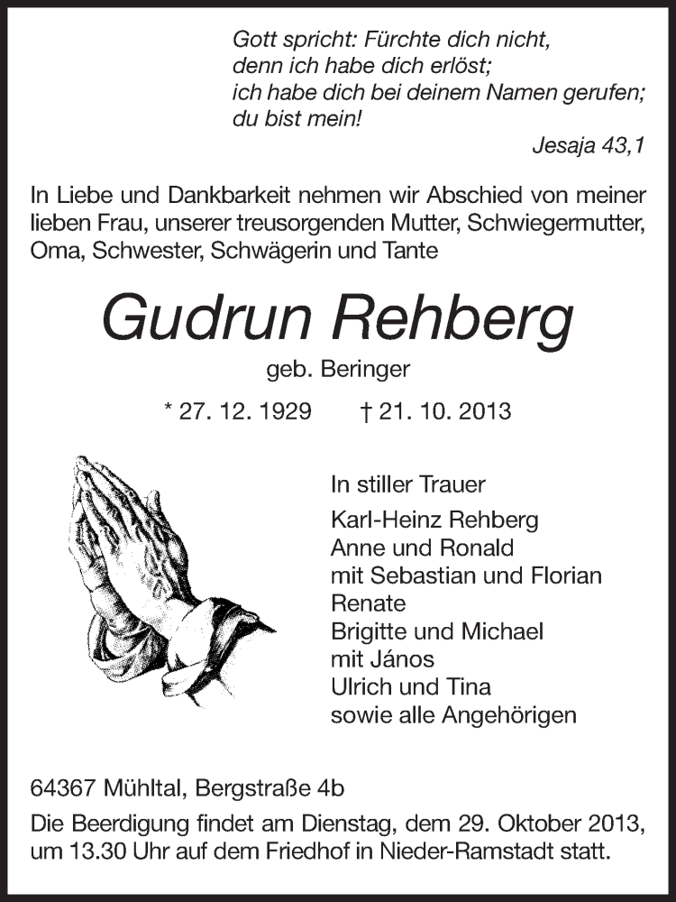  Traueranzeige für Gudrun Rehberg vom 26.10.2013 aus Echo-Zeitungen (Gesamtausgabe)