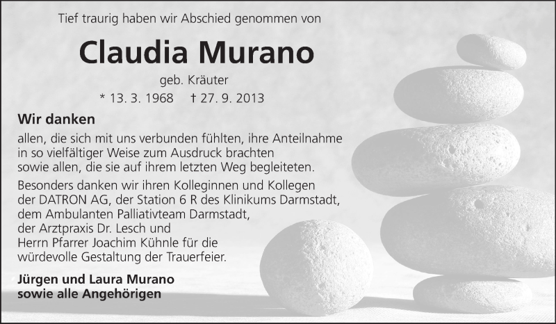  Traueranzeige für Claudia Murano vom 26.10.2013 aus Echo-Zeitungen (Gesamtausgabe)