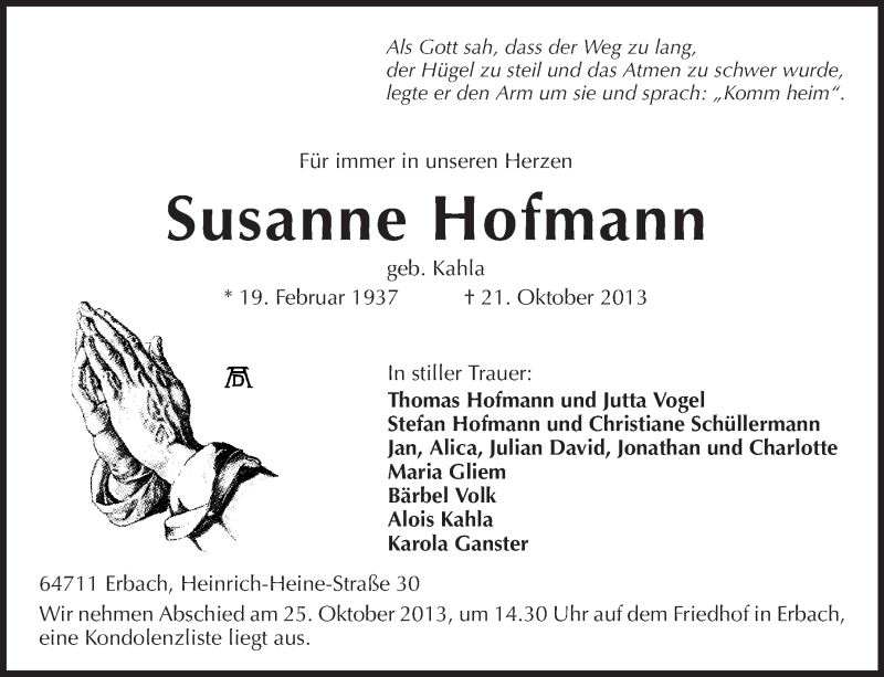  Traueranzeige für Susanne Hofmann vom 24.10.2013 aus Odenwälder Echo