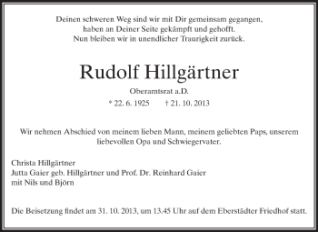 Traueranzeige von Rudolf Hillgärtner von Echo-Zeitungen (Gesamtausgabe)
