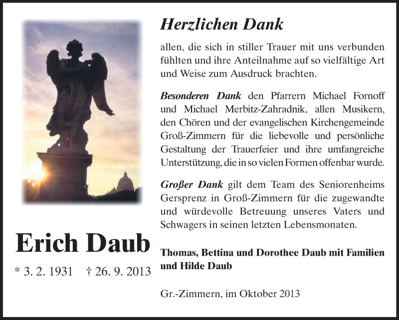  Traueranzeige für Erich Daub vom 26.10.2013 aus Echo-Zeitungen (Gesamtausgabe)