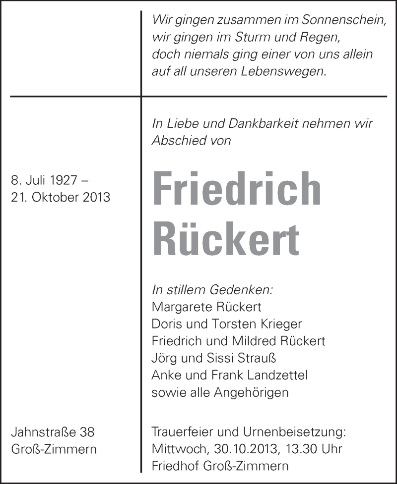  Traueranzeige für Friedrich Rückert vom 26.10.2013 aus Echo-Zeitungen (Gesamtausgabe)