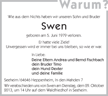 Traueranzeige von Swen  von Echo-Zeitungen (Gesamtausgabe)