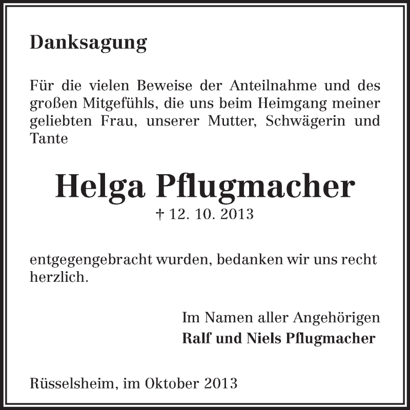  Traueranzeige für Helga Pflugmacher vom 26.10.2013 aus Rüsselsheimer Echo, Groß-Gerauer-Echo, Ried Echo
