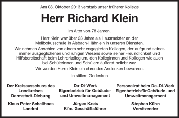 Traueranzeige von Richard Klein von Echo-Zeitungen (Gesamtausgabe)
