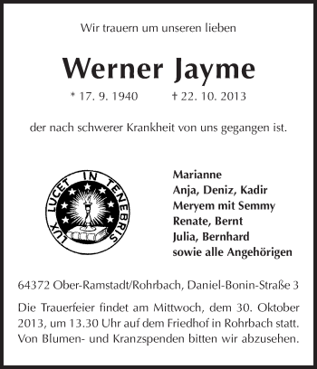 Traueranzeige von Werner Jayme von Echo-Zeitungen (Gesamtausgabe)