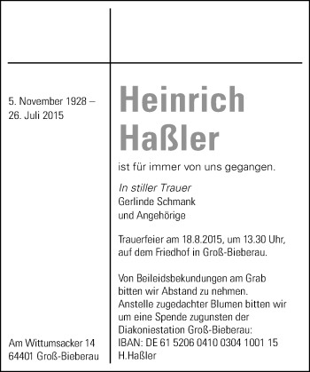 Traueranzeige von Heinrich Haßler von trauer.echo-online.de