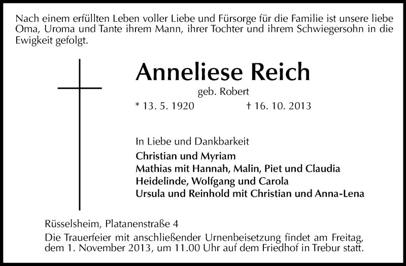  Traueranzeige für Anneliese Reich vom 26.10.2013 aus Rüsselsheimer Echo, Groß-Gerauer-Echo, Ried Echo