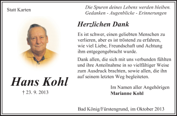 Traueranzeige von Hans Kohl von Echo-Zeitungen (Gesamtausgabe)