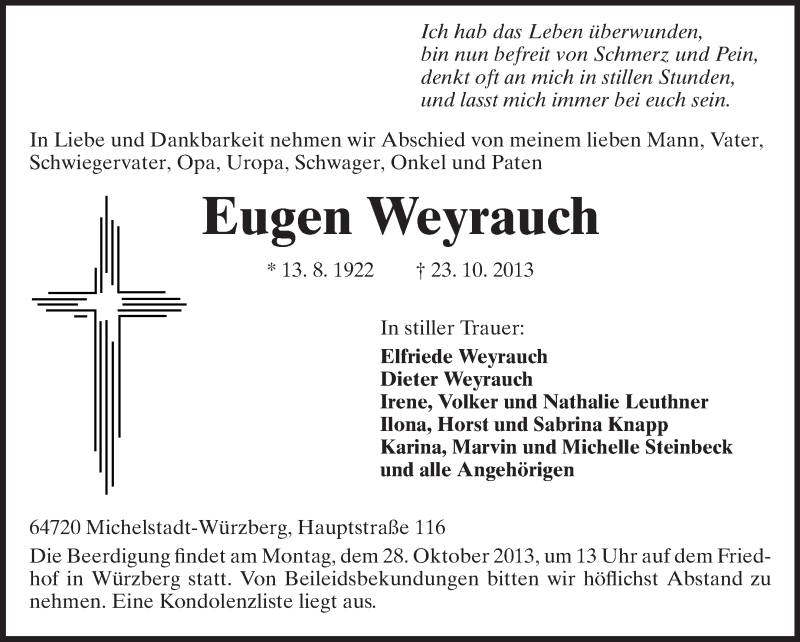  Traueranzeige für Eugen Weyrauch vom 26.10.2013 aus Odenwälder Echo