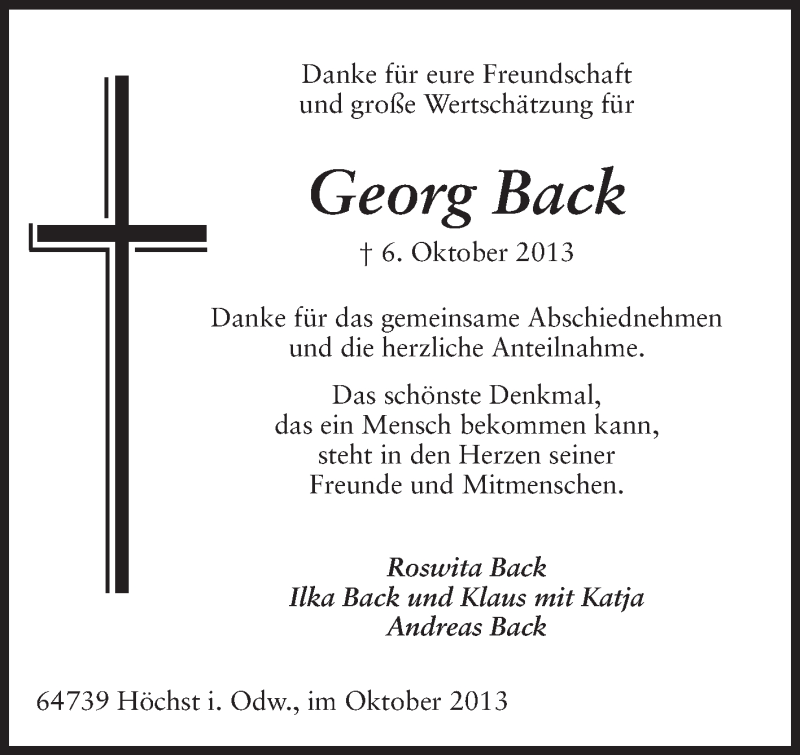  Traueranzeige für Georg Back vom 26.10.2013 aus Odenwälder Echo