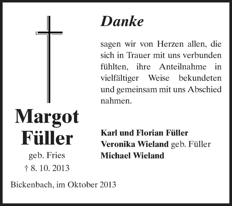  Traueranzeige für Margot Füller vom 26.10.2013 aus Echo-Zeitungen (Gesamtausgabe)