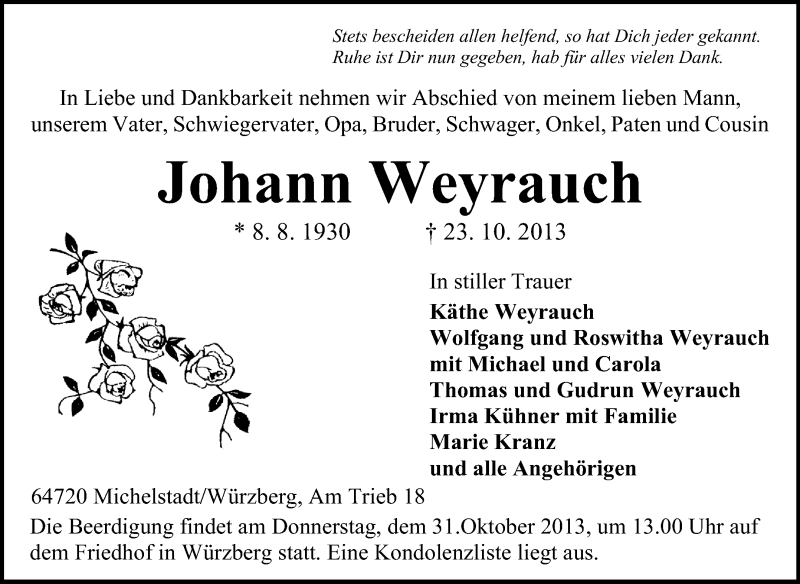  Traueranzeige für Johann Weyrauch vom 26.10.2013 aus Odenwälder Echo
