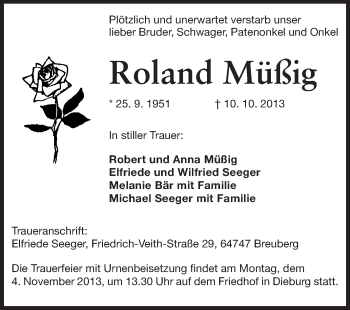 Traueranzeige von Roland Müßig von Odenwälder Echo