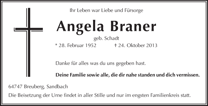  Traueranzeige für Angela Braner vom 28.10.2013 aus Odenwälder Echo