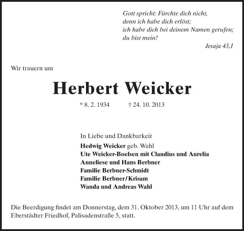  Traueranzeige für Herbert Weicker vom 28.10.2013 aus Darmstädter Echo, Odenwälder Echo, Rüsselsheimer Echo, Groß-Gerauer-Echo, Ried Echo