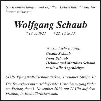 Traueranzeige von Wolfgang Schaub von Echo-Zeitungen (Gesamtausgabe)