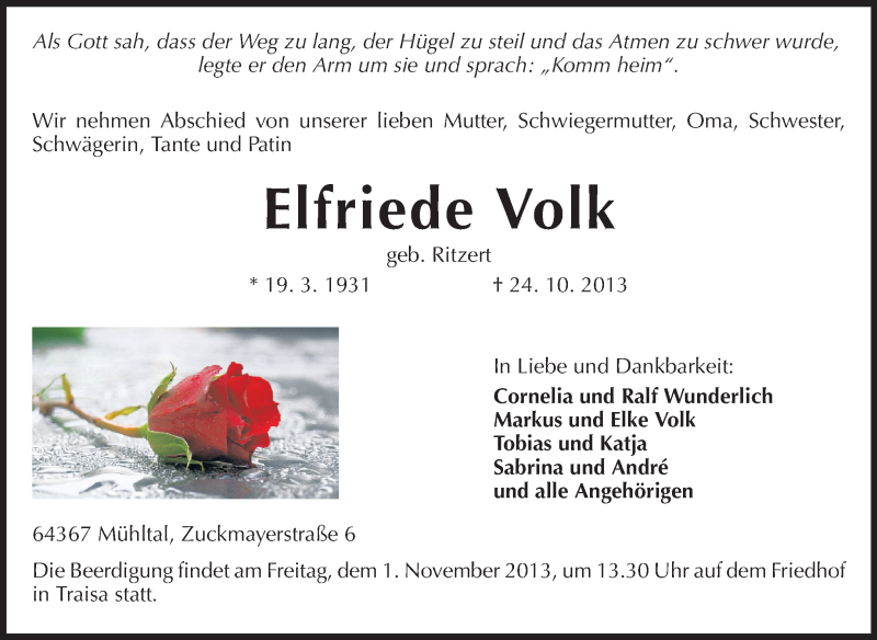  Traueranzeige für Elfriede Volk vom 30.10.2013 aus Echo-Zeitungen (Gesamtausgabe)