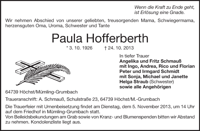  Traueranzeige für Paula Hofferberth vom 02.11.2013 aus Odenwälder Echo