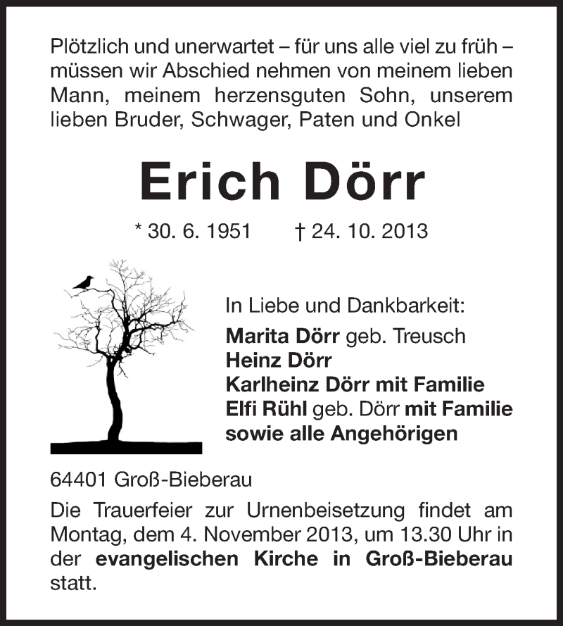  Traueranzeige für Erich Dörr vom 01.11.2013 aus Echo-Zeitungen (Gesamtausgabe)