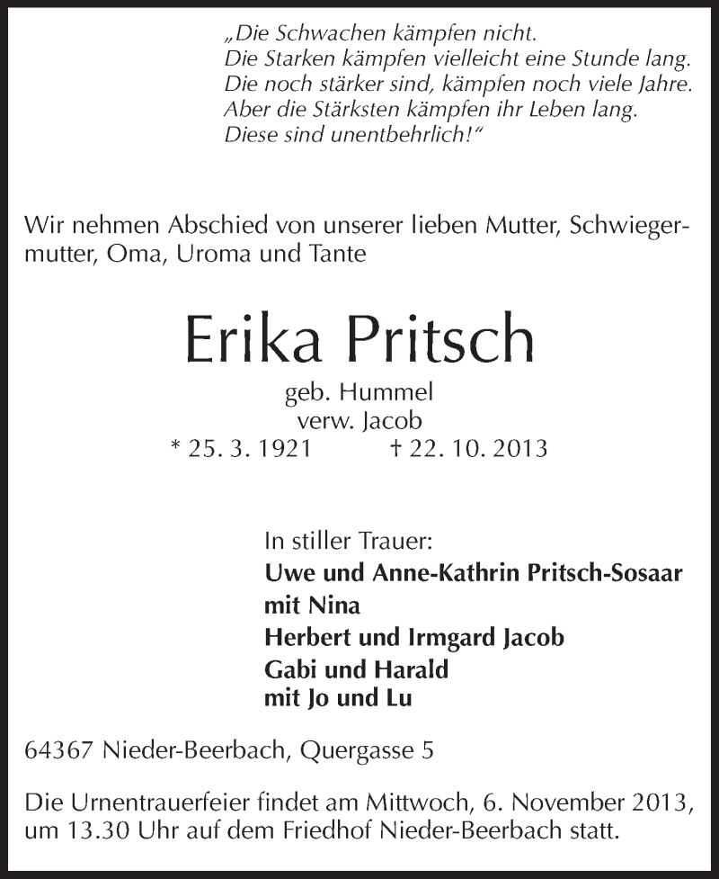 Traueranzeige für Erika Pritsch vom 02.11.2013 aus Echo-Zeitungen (Gesamtausgabe)