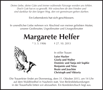 Traueranzeige von Margarete Helfer von Rüsselsheimer Echo, Groß-Gerauer-Echo, Ried Echo