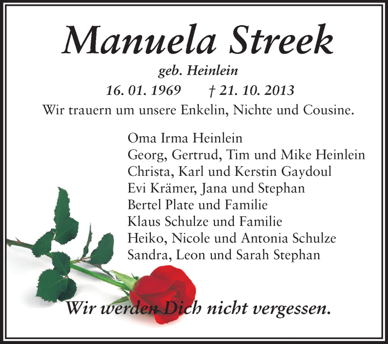  Traueranzeige für Manuela Streek vom 30.10.2013 aus Echo-Zeitungen (Gesamtausgabe)