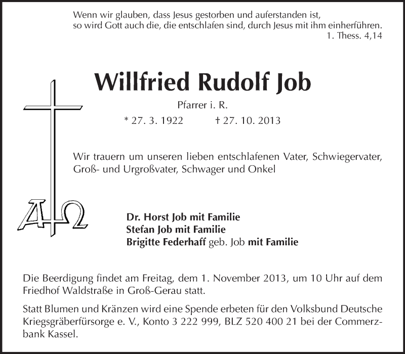  Traueranzeige für Willfried Rudolf Job vom 30.10.2013 aus Rüsselsheimer Echo, Groß-Gerauer-Echo, Ried Echo