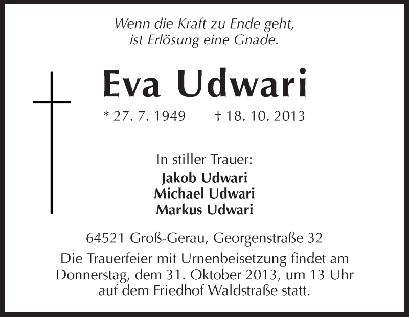  Traueranzeige für Eva Udwari vom 30.10.2013 aus Rüsselsheimer Echo, Groß-Gerauer-Echo, Ried Echo